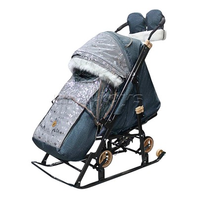 Санки-коляска "Glory gloss" (лён серо-зеленый+светоотражающая ткань)