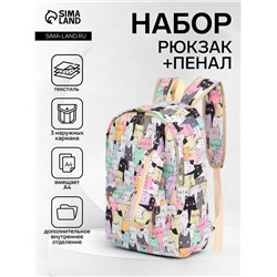 Набор: рюкзак школьный и пенал, с карманами, с принтом, размер 29×12×41 см, разноцветный/розовый/мятный
