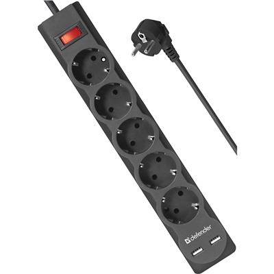 Сетевой фильтр Defender DFS 753, 5 розеток, 3 м (black)