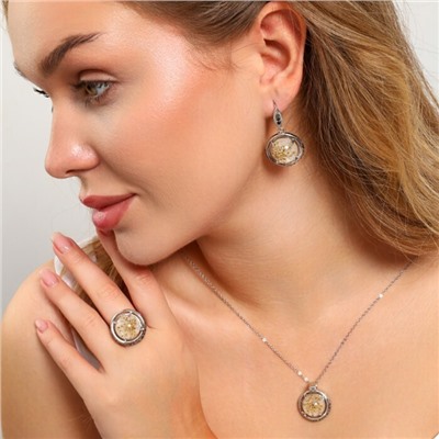 Крупный комплект ювелирной бижутерии серьги, кулон и кольцо 19 р, покрытие: посеребрение, вставка: фианиты, искусственный камень, сухоцветы, цвет: графитовый и бежевый, арт.213.879-19