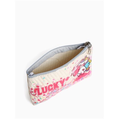 Косметичка на молнии плоская, с подкладкой, маленькая, с принтом, бежевая