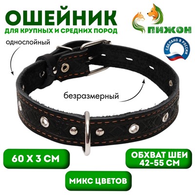 Ошейник кожаный тисненый однослойный, безразмерный, 3×60 см, ОШ 42-55 см, микс цветов