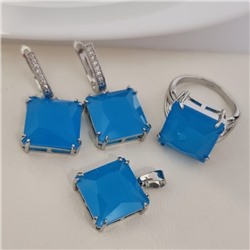 Комплект ювелирной бижутерии серьги, кулон и кольцо 19 р, покрытие посеребрение, вставка: фианит, цвет: голубой матовый, арт.313.144-19