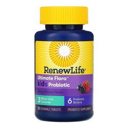 Renew Life, Ultimate Flora, пробиотик для детей, ягодный вкус, 3 млрд живых культур, 30 жевательных таблеток