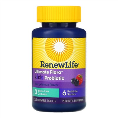 Renew Life, Ultimate Flora, пробиотик для детей, ягодный вкус, 3 млрд живых культур, 30 жевательных таблеток
