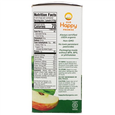 Happy Family Organics, Happy Baby, Organics, Stage 2,  6+ Months, Apples, Spinach & Kale, 4 Pouches, 4 oz (113 g) Each