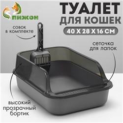 Туалет с прозрачными бортами с совком и фильтром, 40×28×16 см, серый
