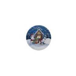 Поднос 25,7*3см круг СНЕГОВИКИ В ИЗБУШКЕ жесть 186136