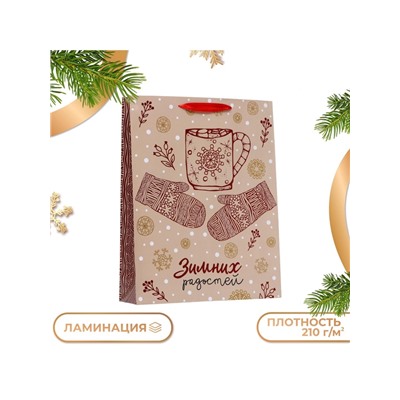 Пакет подарочный новогодний ламинированный вертикальный «Зимних радостей», 33×42×10 см