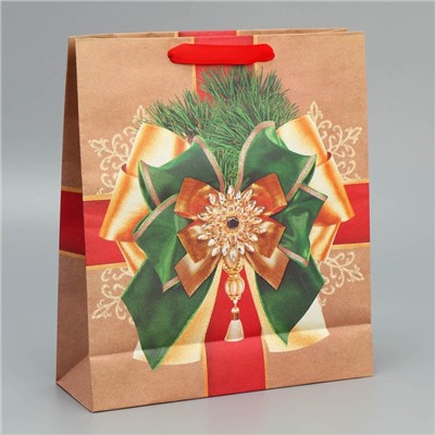 Пакет подарочный новогодний крафтовый «Новогодний подарок», M 26×30×9 см