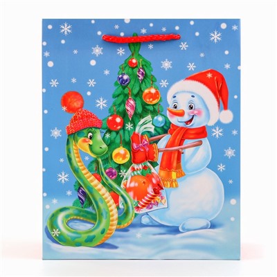 Пакет новогодний подарочный ламинированный «Змейка и снеговик», упаковка, 18×22.3×10 см
