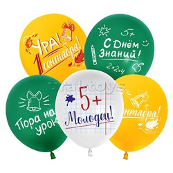 Шар (12''/30 см) Ура, 1 Сентября!, Ассорти, пастель, 2 ст, 25 шт.