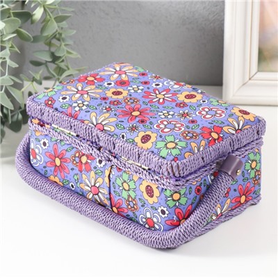 Шкатулка для рукоделия и шитья «Нарисованные цветы на синем», хранение ниток, иголок, мелочи, 18×12×9.5 см