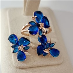 Комплект ювелирной бижутерии коллекция "Дубай" серьги и кольцо 17 р, покрытие позолота, вставка: стекло, цвет: синий, арт.215.567-17