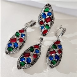 Крупный комплект ювелирной бижутерии серьги, кулон и кольцо 20 р, покрытие посеребрение, вставка: фианиты, цвет: разноцветный, арт.314.919-20