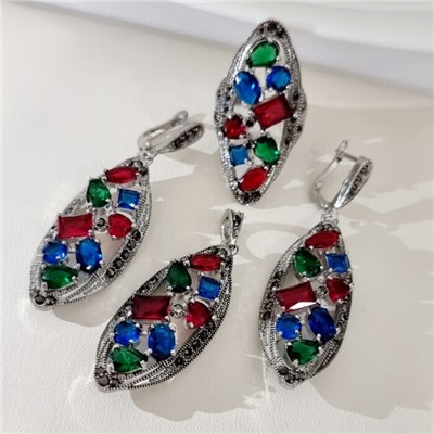 Крупный комплект ювелирной бижутерии серьги, кулон и кольцо 18 р, покрытие посеребрение, вставка: фианиты, цвет: разноцветный, арт.314.919-18