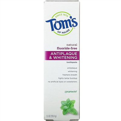 Tom's of Maine, натуральная отбеливающая зубная паста против налета, без фторидов, мята, 155,9 г (5,5 унции)