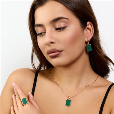 Комплект ювелирной бижутерии коллекция "Дубай" серьги, кулон и кольцо 20 р, покрытие позолота, вставка: искусственный малахит, арт.414.270-20