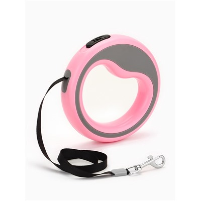 Рулетка - поводок для собак, лента 3 м, розовая, серая