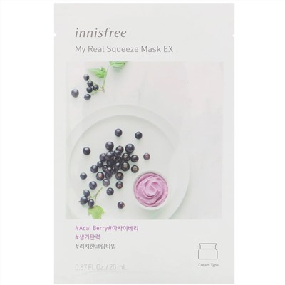 Innisfree, My Real Squeeze Beauty Mask EX, тканевая маска с ягодами асаи, 1 шт., 20 мл (0,67 жидк. унции)