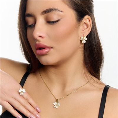 Комплект ювелирной бижутерии Итальянское золото (покрытие желтое 14к), серьги, кулон и кольцо 20 р, вставка: искусственный перламутр и цирконы, цвет: белый и прозрачный, арт.217.521-20