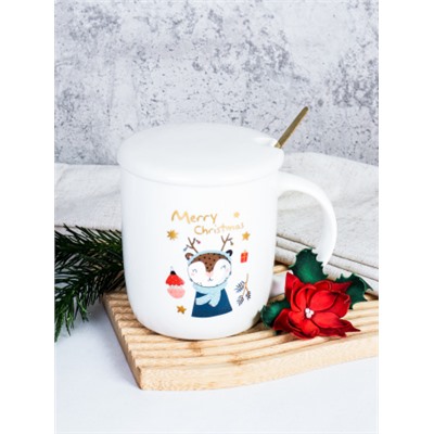 Кружка новогодняя с крышкой, ложка / HB-A2096 /уп 60/