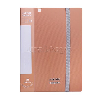 Папка с 020 вкладышами A5 "SigNature" A5 (165x220x10 мм) полипропилен 650 мкм, фактура "ткань" вкладыши 30 мкм, внутренний карман 160 мкм, широкая резинка, индивидуальная упаковка, пудрово розовая