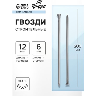 Гвозди ТУНДРА, строительные, ГОСТ 4028-63, без покрытия, 6×200 мм, 25 кг