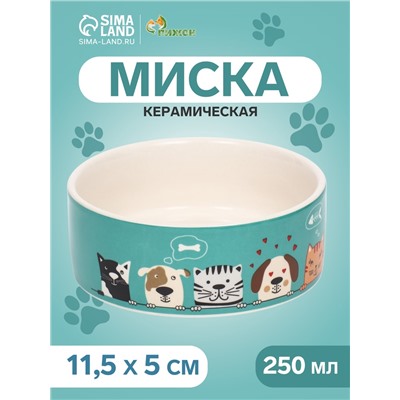 Миска керамическая «Кошки-собаки» 250 мл - 11.5×11.5×5 см, голубая/белая