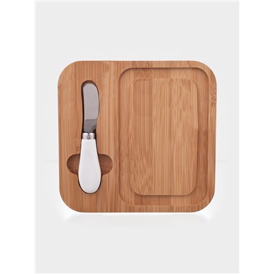 Маслёнка, 19×18×9.5 см, с ножом, на бамбуковой подставке, стекло, прозрачная