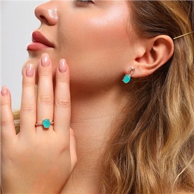 Комплект ювелирной бижутерии Дубайское золото, покрытие: позолота, серьги и кольцо 17 р, вставка: фианит, цвет: тиффани матовый, арт.314.774-17