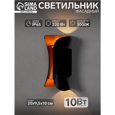 Светильник фасадный «Элегант», 10 Вт, 3000К, 1 луч, IP65, 220 В, пластиковый корпус, чёрно-золотой, свечение тёплое белое