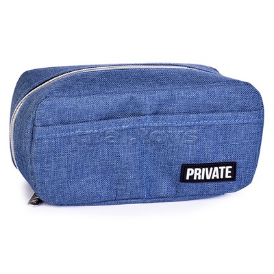 Пенал "Private" 21x10x7 см, прямоугольный для 80 предметов, плотный износостойкий полиэстер с водоотталкивающей пропиткой, на молнии, 3 внутренних отделения с перегородками, 2 внешних кармана открытого типа, с каучуковой аппликацией, темно-синий