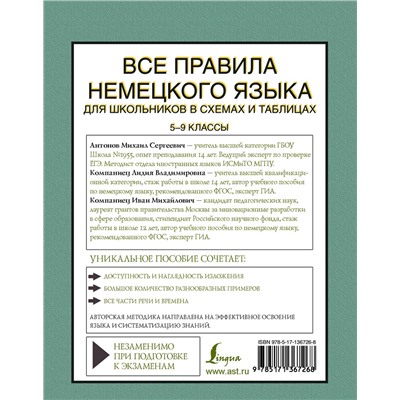 АСТ М.С. Антонов, И.М. Компаниец, Л.В. Компаниец "Все правила немецкого языка для школьников в схемах и таблицах. 5-9 классы"