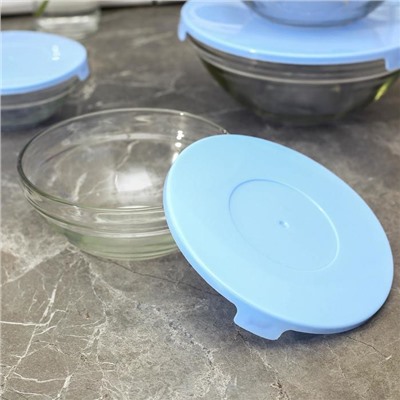 УЦЕНКА Набор стеклянных салатников Доляна «Классика» с крышками, 5 предметов: 900 мл (17×7.6 см), 500 мл (16×6 см), 350 мл (12.5×5.4 см), 200 мл (10.5×4.5 см), 130 мл (9×3.7 см), цвет голубой