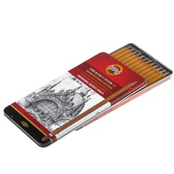 Набор карандашей чернографитных разной твердости 12 штук Koh-i-Noor 1502/II, 8B-2H, в металлическом пенале