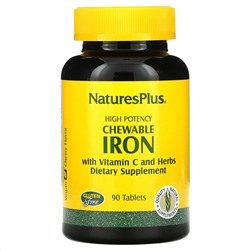 Nature's Plus, высокоэффективное железо с витамином C и травами, вишневый вкус, 90 жевательных таблеток