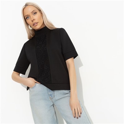 Водолазка комбинированная с кружевом, Фирменное приветствие (черная, со вставкой)