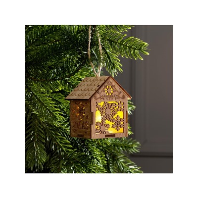 Ёлочная игрушка «Домик со снежинками», 8×6.5×6 см, от батареек, свечение тёплое белое