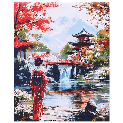 Холст с красками 40x50 по номерам "Девушка в японском саду" в коробке (30цв.)
