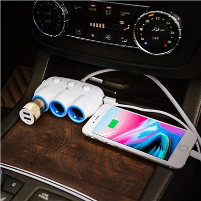 Автомобильный разветвитель прикуривателя Hoco C1 3in1  2USB (white)