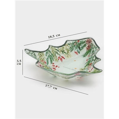 Блюдо новогоднее сервировочное Доляна «Еловые ветки», 17.7×18.5×3.5 см, стекло, белое, зелёное