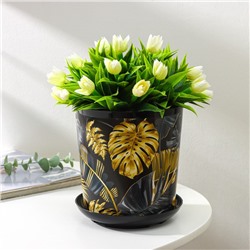 Горшок для цветов с поддоном Доляна «Голди.Тропики», 1.6 л, d=14 см, h=15.5 см, пластиковый, цвет чёрный