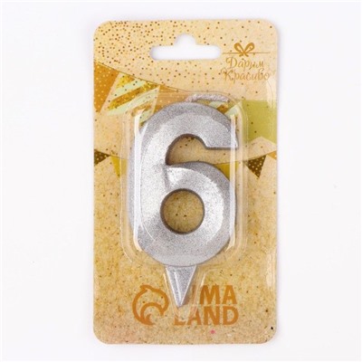 Свеча для торта "Грань" серебряная - цифра "6" 7,8 см