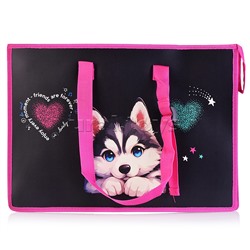 Папка для чертежей и рисунков "Cute Husky" A3 (467x338x100 мм) 500 мкм, с расширением 10 см, с внутренним карманом на молнии для кистей, с регулируемыми ручками, с рисунком, индивидуальная упаковка