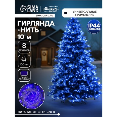 Гирлянда «Нить» 10 м, IP44, белая нить, 100 LED, свечение синее, 8 режимов, 220 В