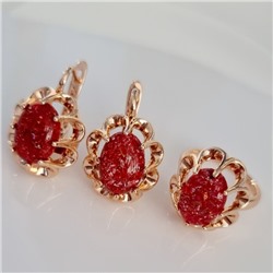 Комплект ювелирная бижутерия коллекция  "Дубай" серьги и кольцо 18 р, покрытие: позолота, вставка: искусственный камень с вкраплениями, цвет: красный, арт.313.127-18