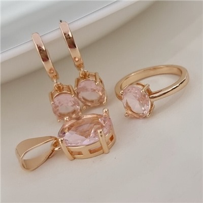 Комплект ювелирной бижутерии коллекция "Дубай" серьги, кулон и кольцо 19 р, покрытие позолота, вставка: фианит, цвет: розовый, арт.215.505-19