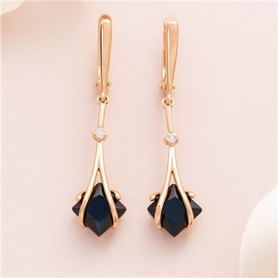 Серьги подвески длинные с черным камнем, покрытие позолота 585 пробы, арт.414.053