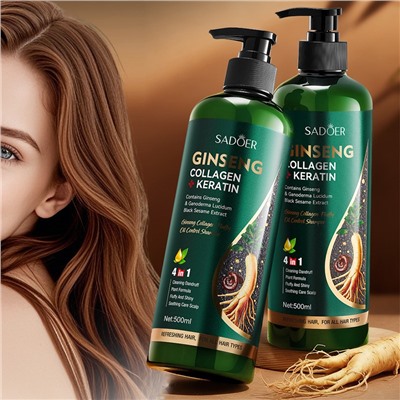 Шампунь с корнем женьшеня, кератином, черным кунжутом и грибом рейши Sadoer, 500 мл.